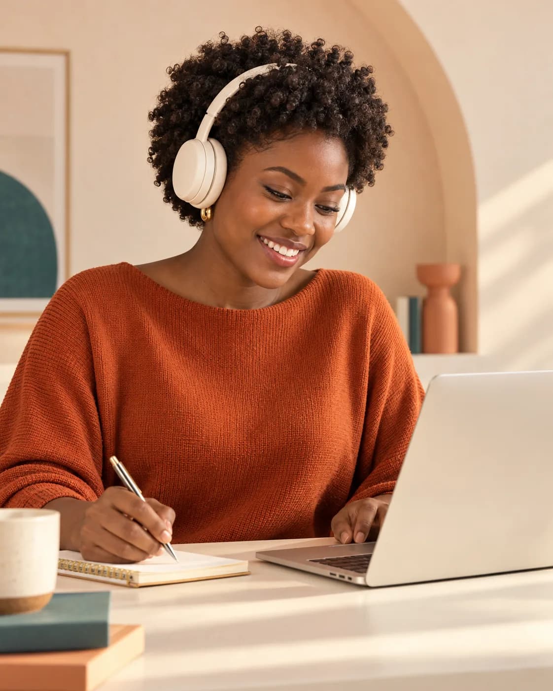 Illustration d’une professionnelle apprenant avec un casque et un ordinateur.